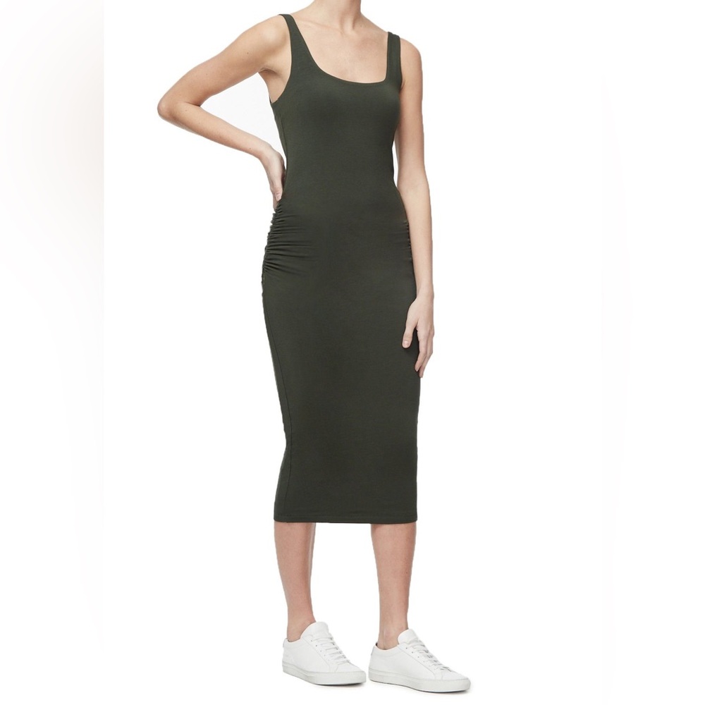 Good American THE RUCHED MIDI DRESS, Olive, Size 1 / small